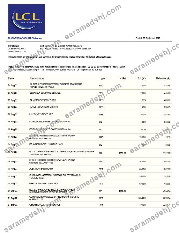 LCL Bank business statement Word and PDF template